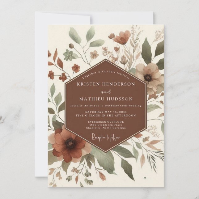 Invitación Boda Floral Rústica de Terracota (Anverso)
