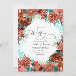 Invitación Boda floral rústica de turquesa y coral