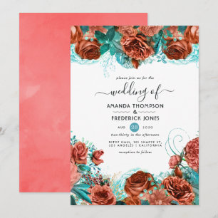 Invitación Boda floral rústica de turquesa y coral vivo