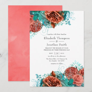 Invitación Boda floral rústica de turquesa y coral vivo
