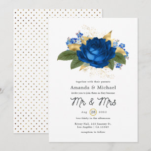 Invitación Boda floral rústica destartalada azul real y dorad