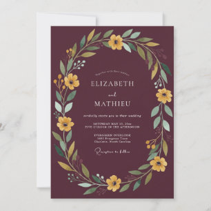 Invitación Boda floral rústica dorada granate