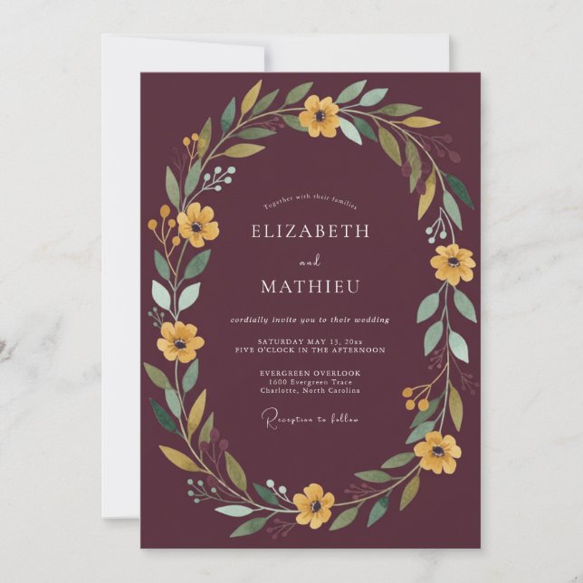 Invitación Boda floral rústica dorada granate (Anverso)