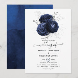 Invitación Boda floral rústica en azul marino y brillo platea