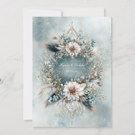 Invitación Boda Floral Rústica en Azul Teal y Blanco Pluma