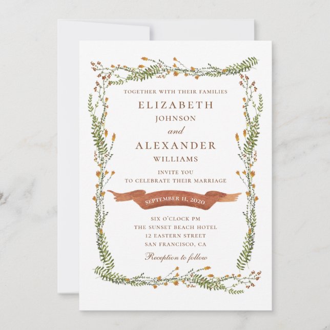 Invitación Boda floral rústica. Flores campestres. Botánico (Anverso)