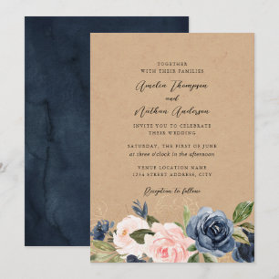 Invitación Boda Floral Rústica Kraft Azul Rosa