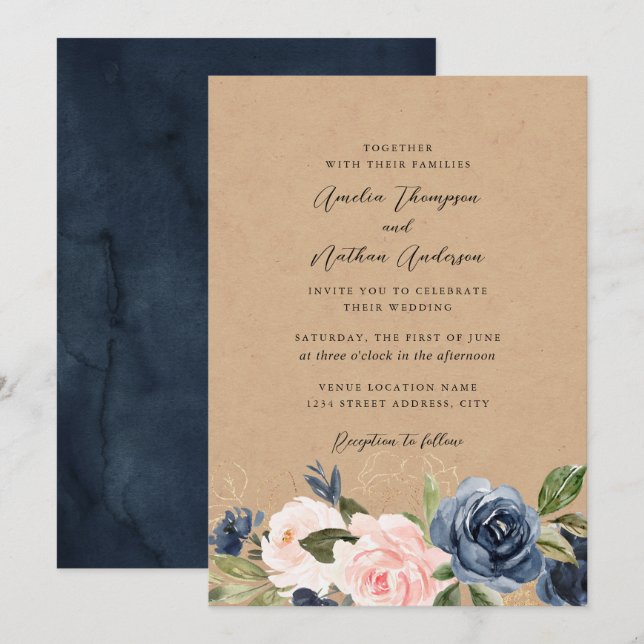 Invitación Boda Floral Rústica Kraft Azul Rosa (Anverso / Reverso)
