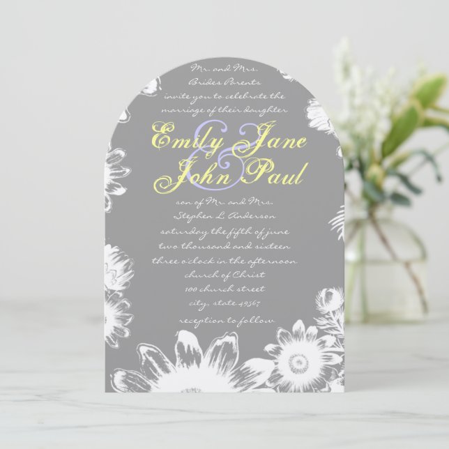 Invitación Boda floral Rústica Lilac amarillo Gris (Anverso de pie)