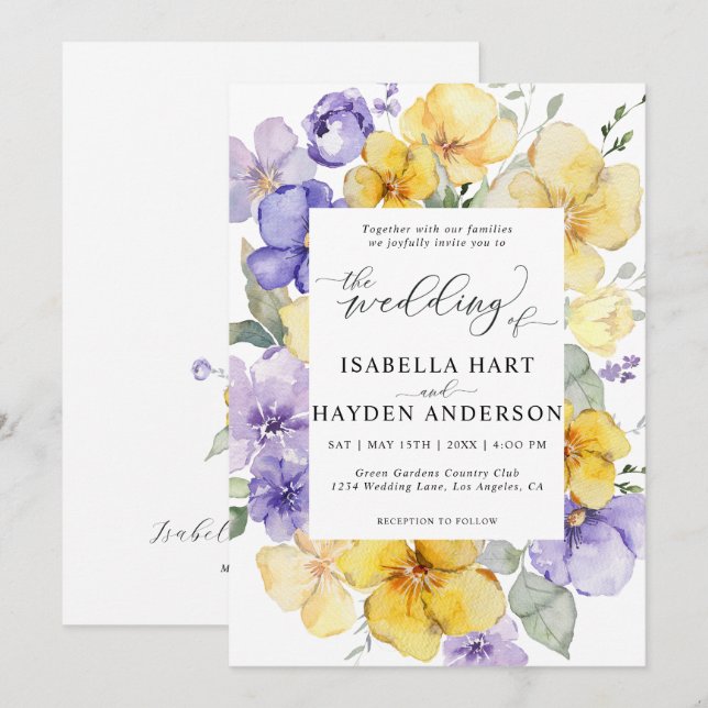 Invitación Boda floral Rústica Lilac morado de lavanda amaril (Anverso / Reverso)