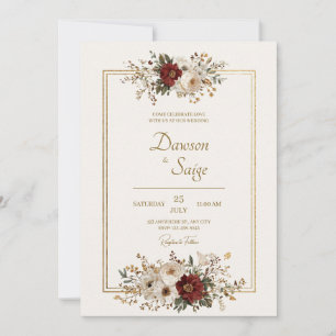 Invitación Boda Floral Rústica Marfil Dorado Borgoña