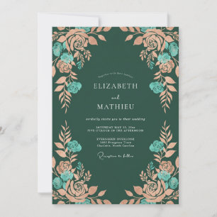 Invitación Boda Floral Rústica Melocotón Verde Teal