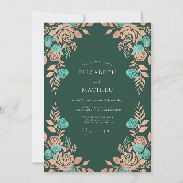 Invitación Boda Floral Rústica Melocotón Verde Teal (Anverso)