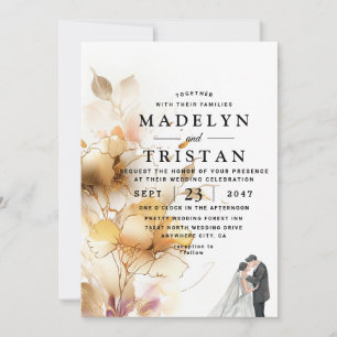 Invitación Boda floral rústica minimalista blanca y dorada