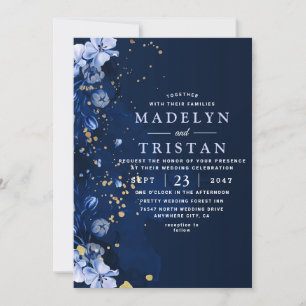 Invitación Boda Floral Rústica Minimalista de Acuarela Azul