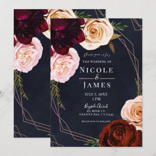 Invitación Boda floral rústica moderna azul oscuro y rosa dor