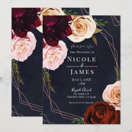 Invitación Boda Floral Rústica Moderna de Azul Oscuro y Dorad