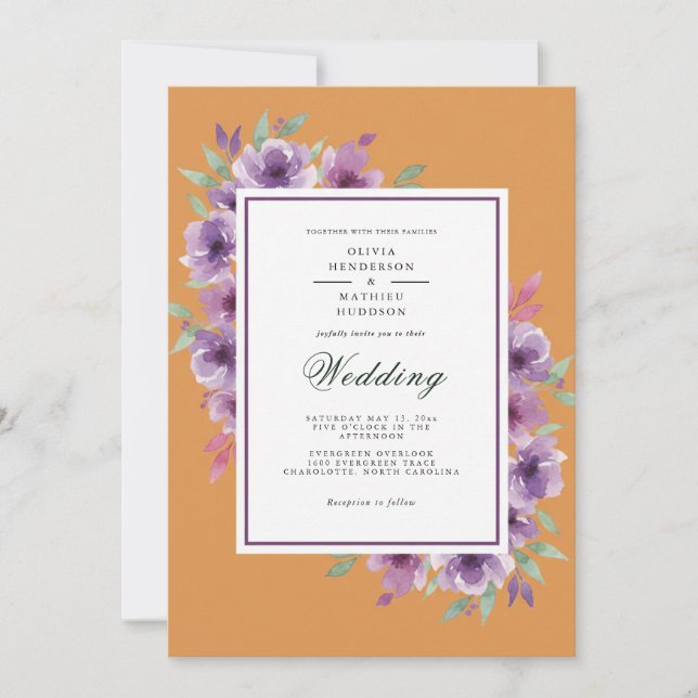 Invitación Boda Floral Rústica Morada (Anverso)