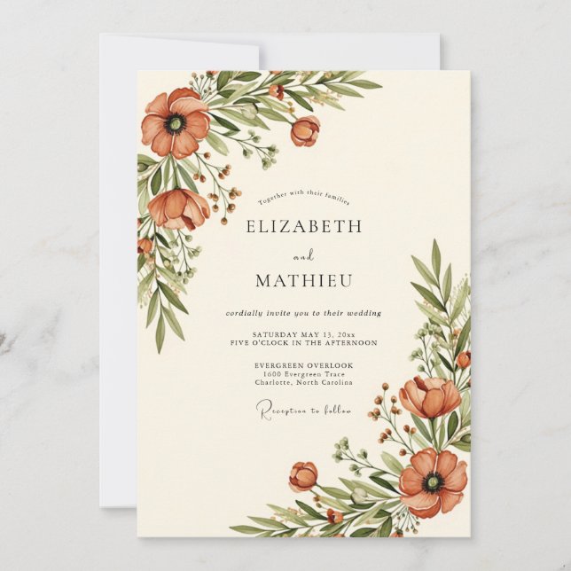 Invitación Boda Floral Rústica Naranja (Anverso)