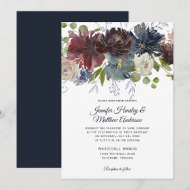 Invitación Boda Floral Rústica Navy Burgundy Marsala Gold