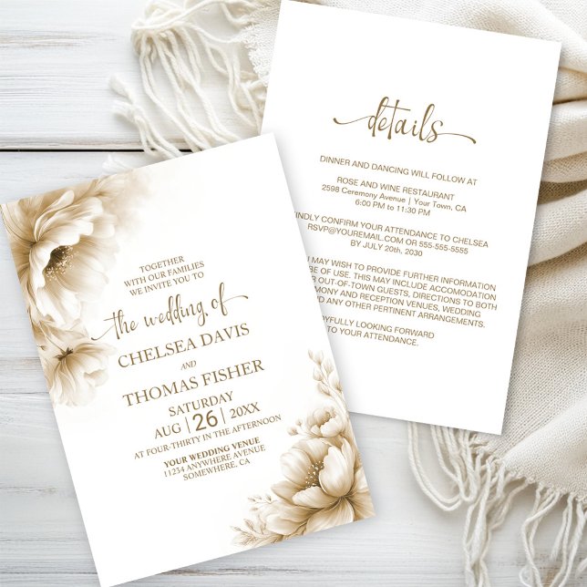 Invitación Boda floral rústica neutral todo en uno (Subido por el creador)