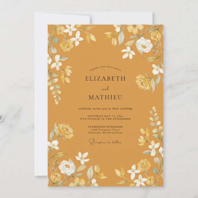 Invitación Boda floral rústica ocra (Anverso)