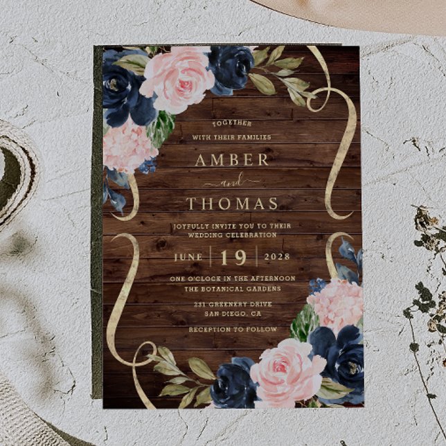 Invitación Boda Floral Rústica Preciosa de Madera Azul Rosa (Subido por el creador)