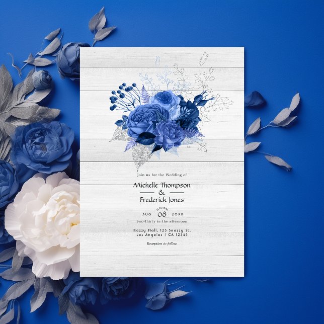Invitación Boda floral rústica real azul y plata (Subido por el creador)