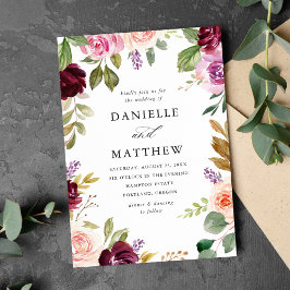 Invitación Boda floral rústica rosa borgoña y púrpura
