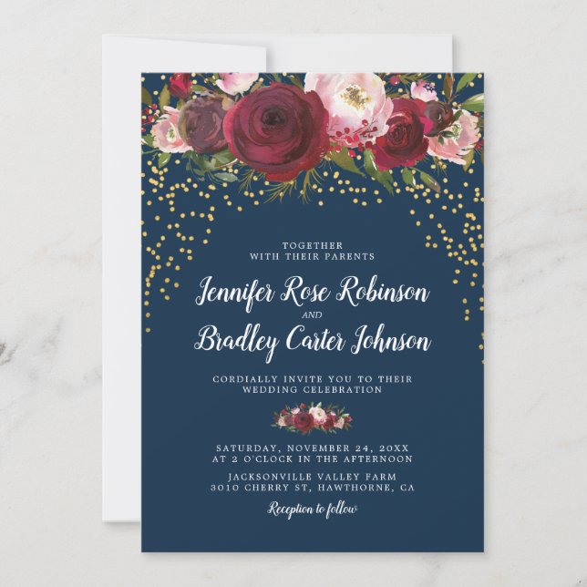 Invitación Boda Floral Rústica Rosa Burgundy Azul Marino (Anverso)