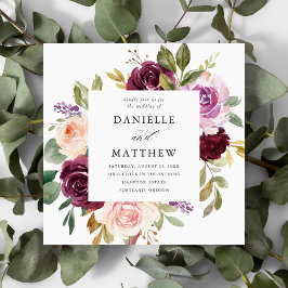 Invitación Boda floral rústica rosa burgundy y púrpura