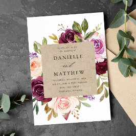 Invitación Boda floral rústica rosa burgundy y púrpura