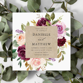 Invitación Boda floral rústica rosa burgundy y púrpura