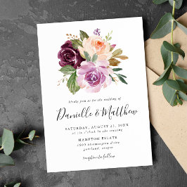 Invitación Boda floral rústica rosa burgundy y púrpura