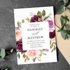 Invitación Boda floral rústica rosa burgundy y púrpura