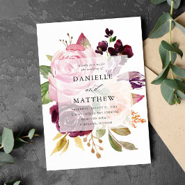 Invitación Boda floral rústica rosa rosa borgoña y púrpura