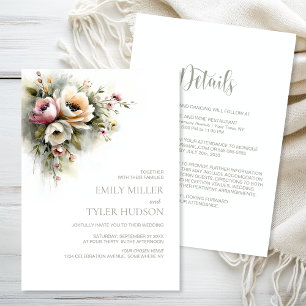 Invitación Boda floral rústica rosa y naranja todo en uno