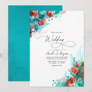Invitación Boda Floral Rústica Turquesa y Coral
