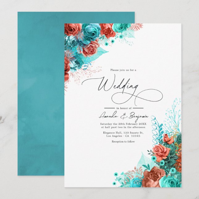 Invitación Boda Floral Rústica Turquesa y Coral (Anverso / Reverso)