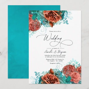 Invitación Boda floral rústica turquesa y coral