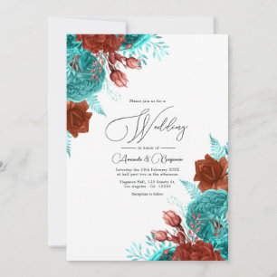 Invitación Boda floral rústica turquesa y coral