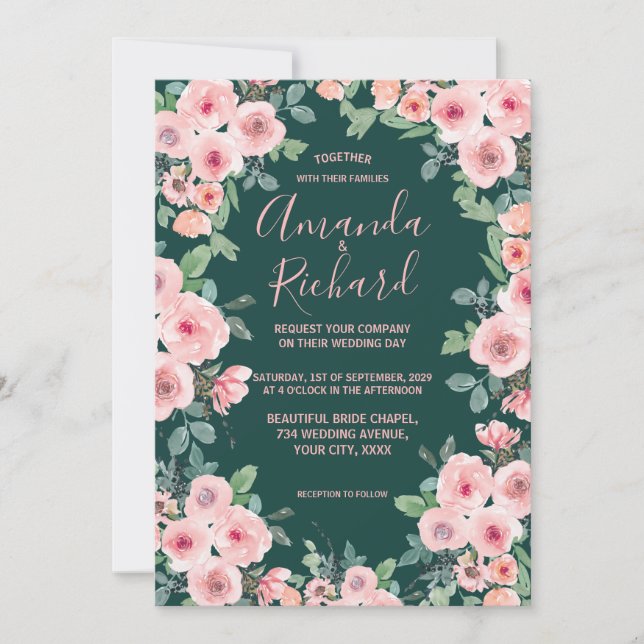 Invitación Boda Floral Rústica Verde Esmeralda Rosa Rubor (Anverso)