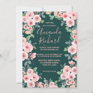 Invitación Boda Floral Rústica Verde Esmeralda Rosa Rubor