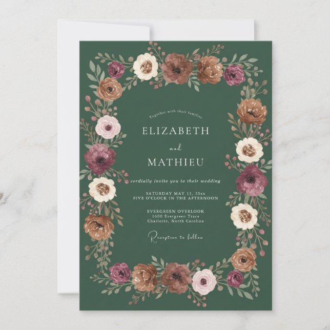 Invitación Boda Floral Rústica Verde Profundo (Anverso)