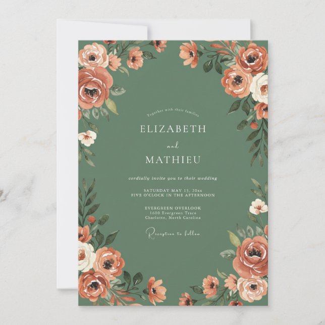 Invitación Boda Floral Rústica Verde Salvia (Anverso)