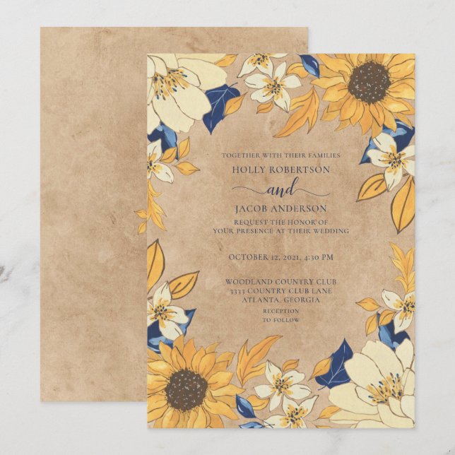 Invitación Boda floral Rústico amarillo azul giratorio (Anverso / Reverso)