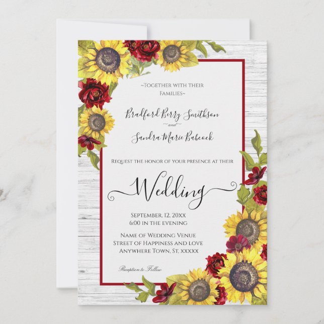 Invitación Boda Floral Rústico Amarillo Girasol Borgoña Y (Anverso)