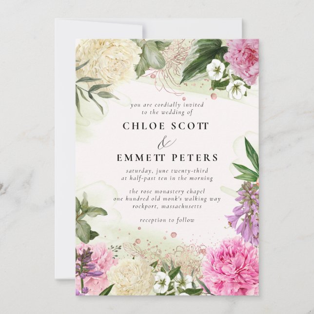 Invitación Boda floral rústico boho rosa morado blanco (Anverso)