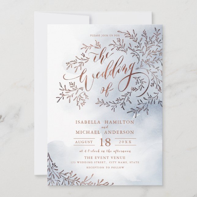 Invitación Boda floral rústico de caligrafía azul turquesa (Anverso)