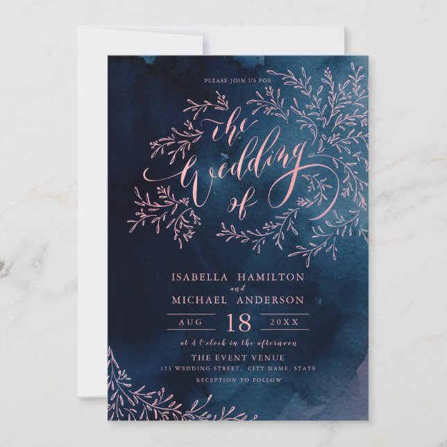 Invitación Boda floral rústico de caligrafía ruidosa marina (Anverso)